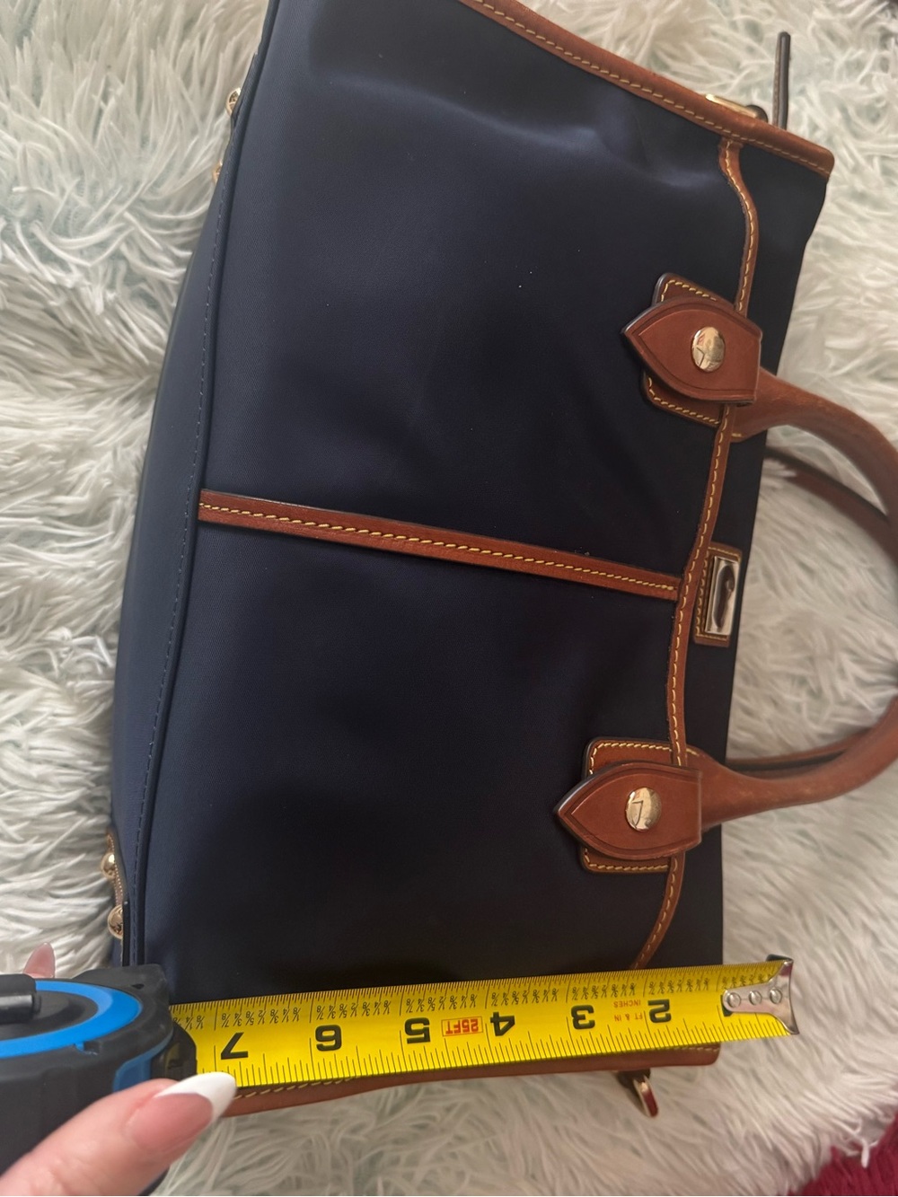 Dooney & Bourke Navy and Brown Leather Satchel with Shoulder Strap - Picture 9 of 10